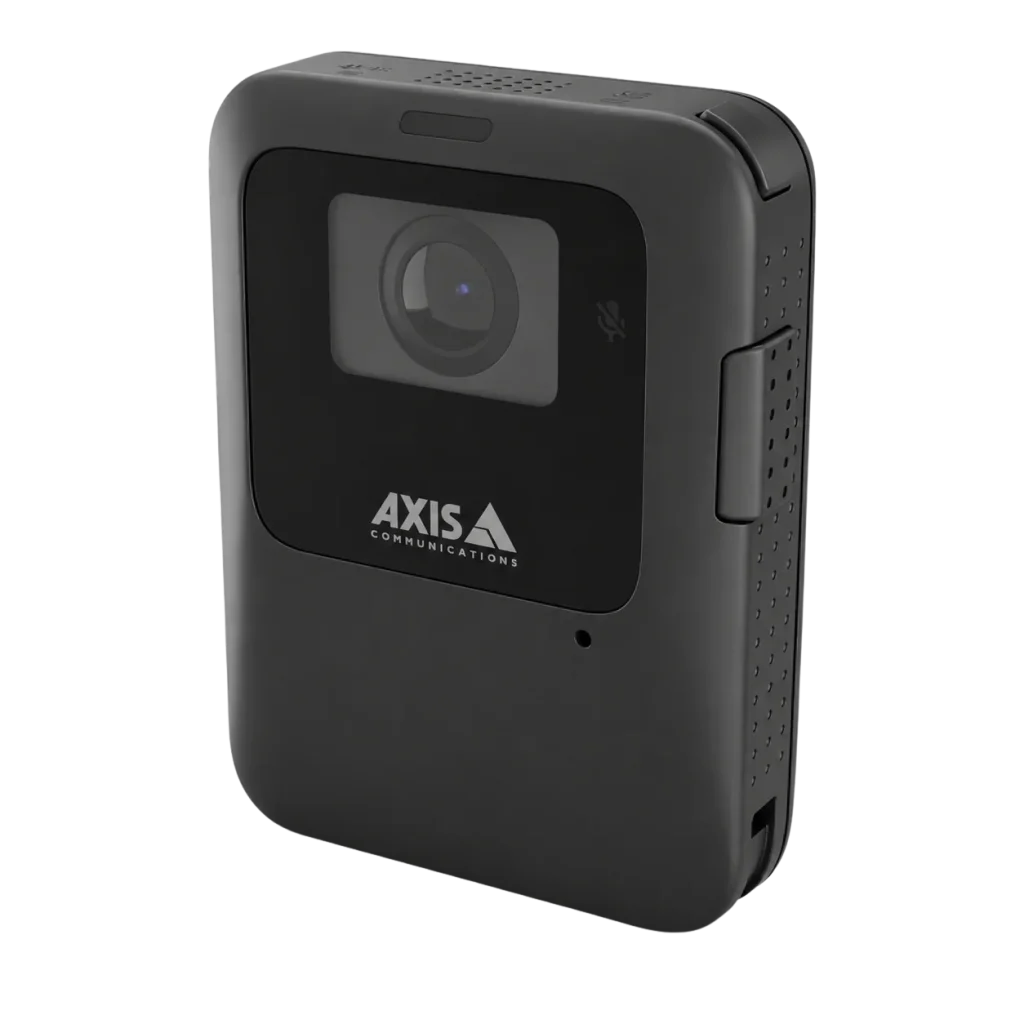 AXIS W102 Body Worn Camera in black, angled side view.
