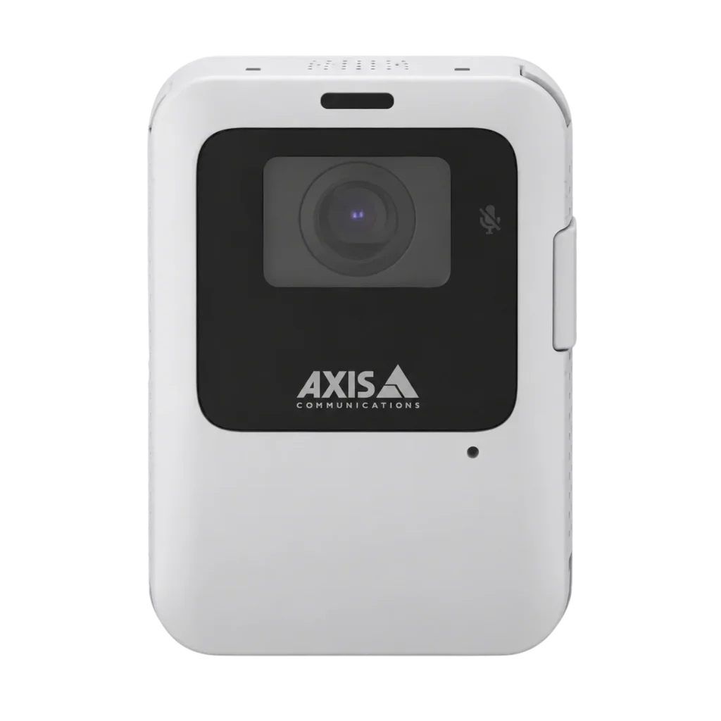 AXIS W102 Body Worn Camera in white, front view.