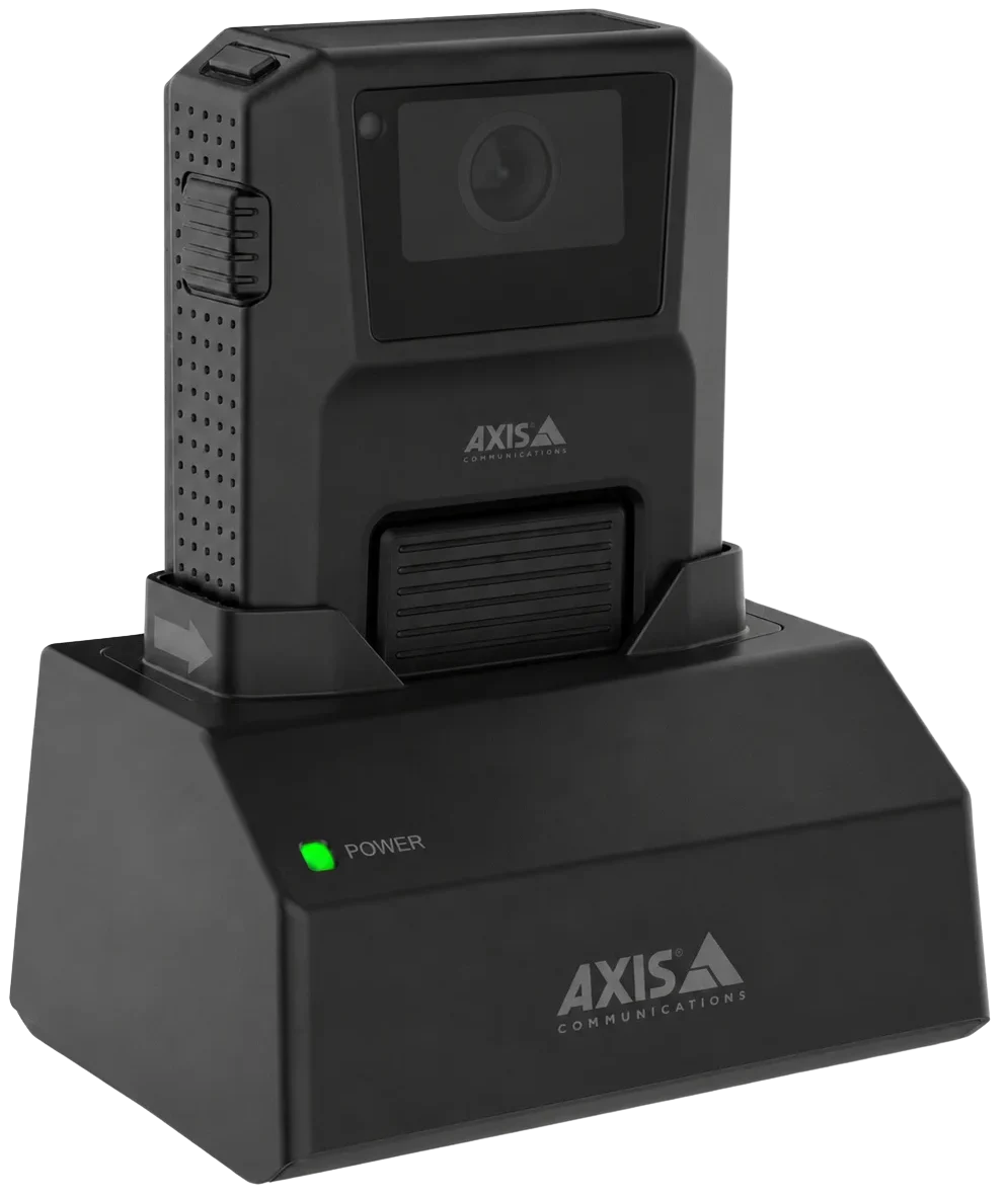 AXIS W700 Mk II 1-bay docking station charging an AXIS body-worn camera with green power LED active