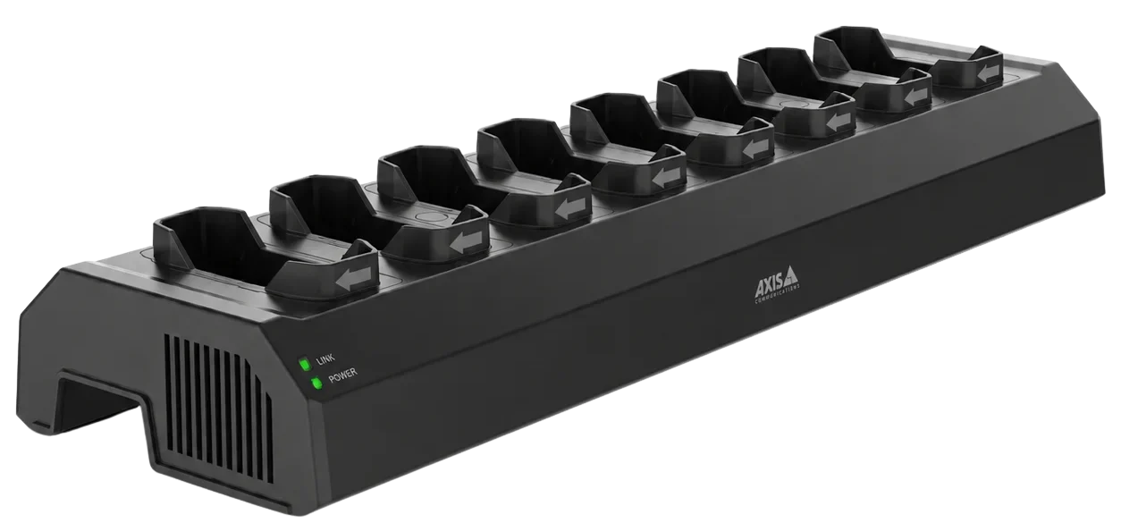 AXIS W701 Mk II 8-bay docking station with eight empty charging slots and power status lights shown.