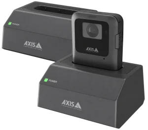 AXIS W702 1-bay docking station charging an AXIS body-worn camera