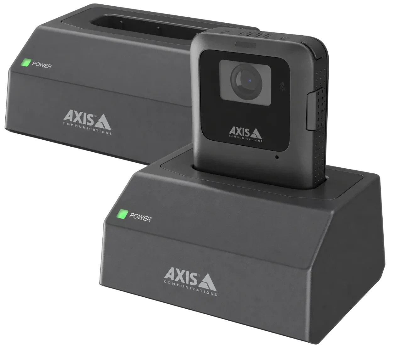 AXIS W702 1-bay docking station charging an AXIS body-worn camera