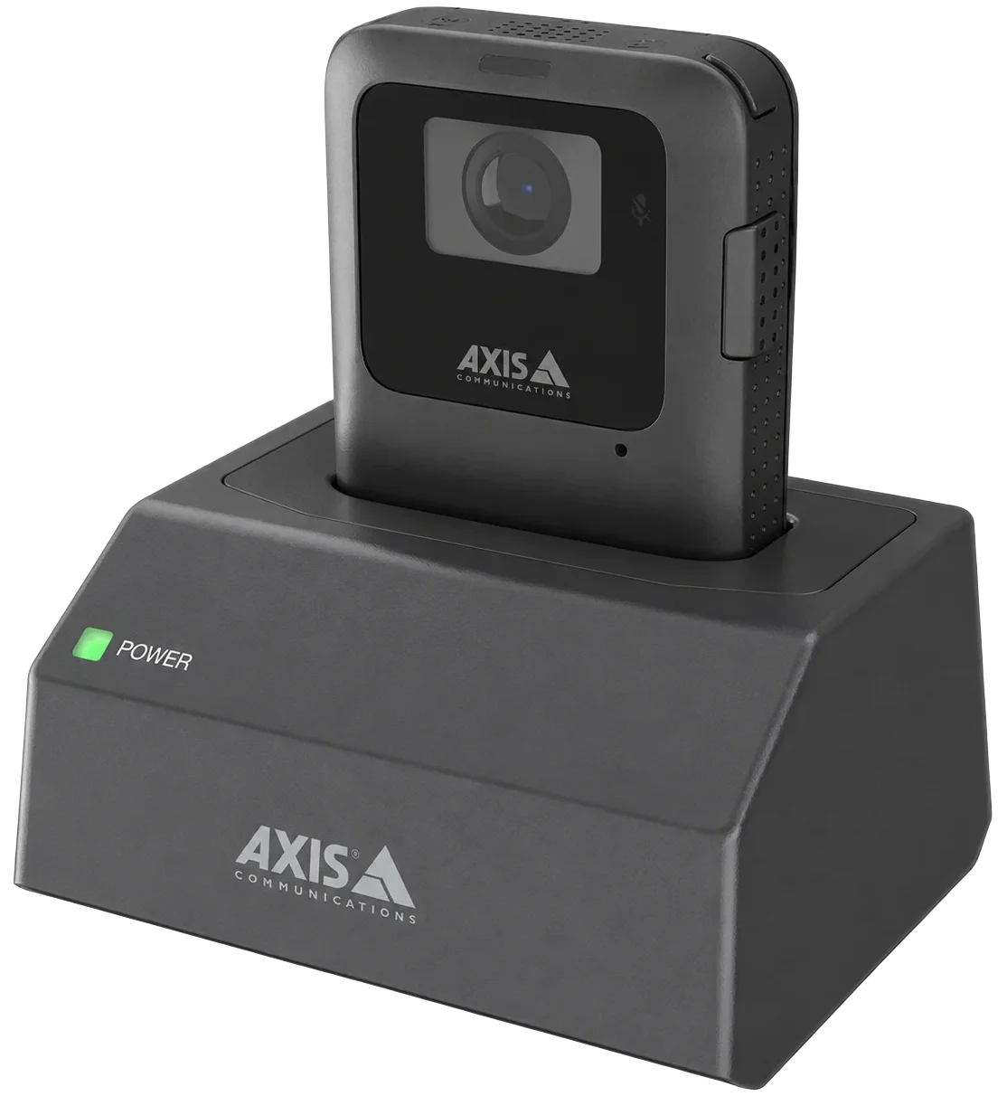 AXIS W702 1-bay docking station charging an AXIS body-worn camera with bright green power indicator.