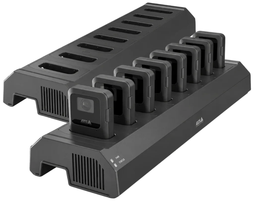 AXIS W703 8-bay docking station with eight body-worn cameras