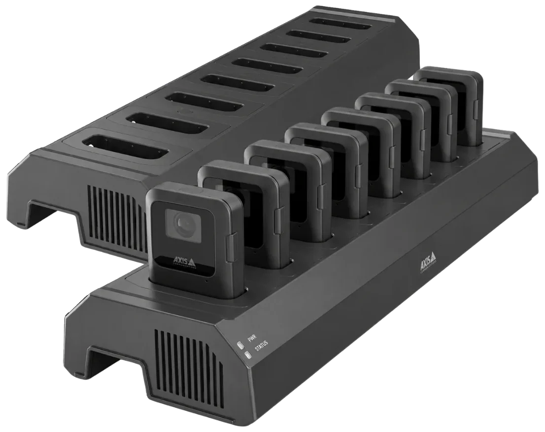 AXIS W703 8-bay docking station with eight body-worn cameras