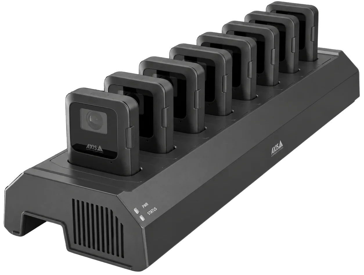 AXIS W703 8-bay docking station with eight body-worn cameras inserted for charging and data uploads.