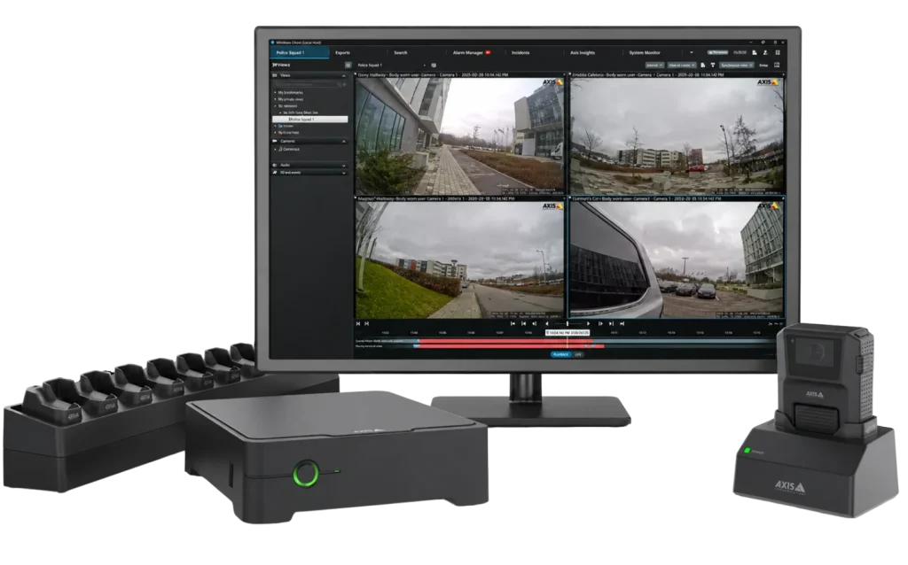 AXIS body-worn camera and docking station connected to Milestone XProtect video management software.