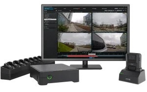 AXIS body-worn camera and docking station connected to Milestone XProtect video management software.