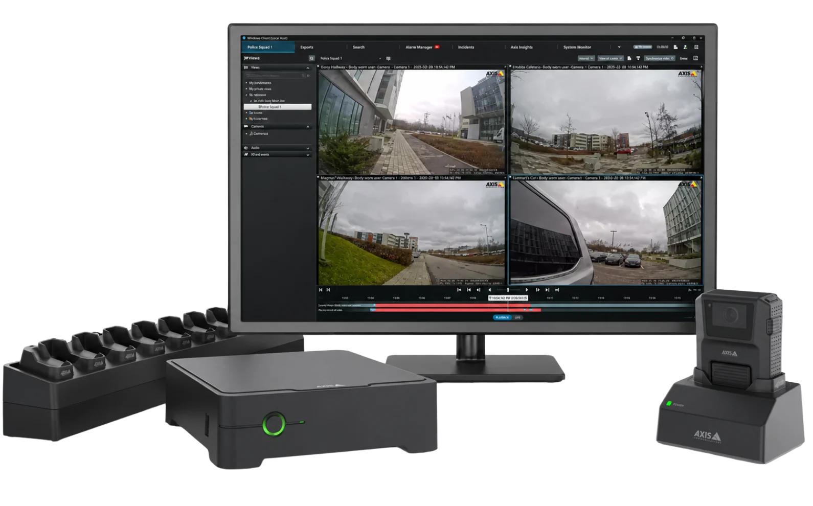 AXIS body-worn camera and docking station connected to Milestone XProtect video management software.