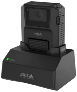 AXIS body-worn camera seated in the W700 Mk II 1-bay docking station for safer charging and storage