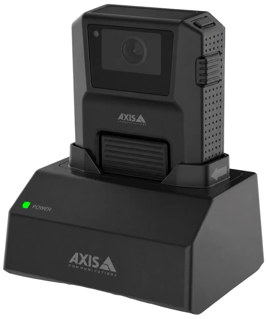AXIS body-worn camera seated in the W700 Mk II 1-bay docking station for safer charging and storage
