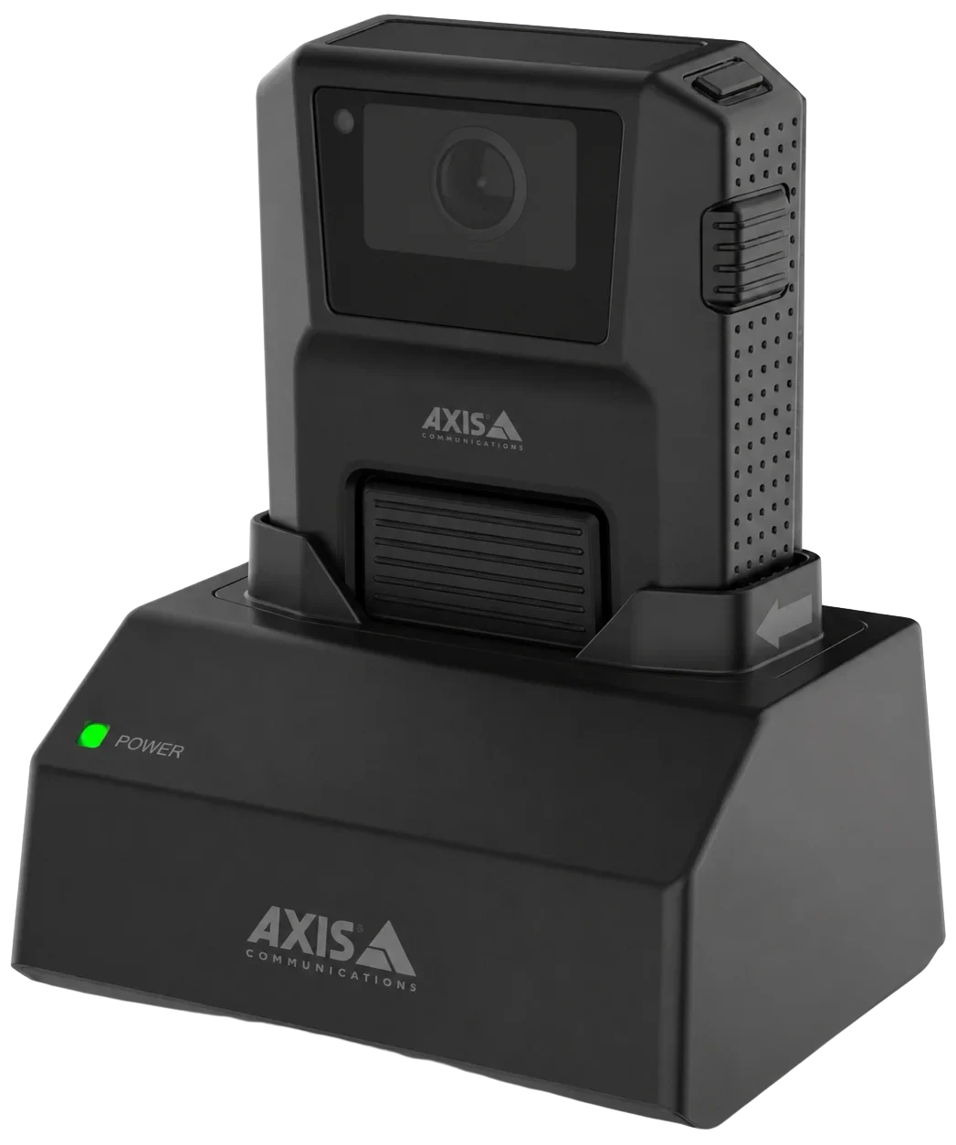 AXIS body-worn camera seated in the W700 Mk II 1-bay docking station for safer charging and storage