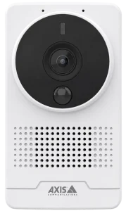 Front view of a white AXIS M10 box camera with central lens, motion sensor, and speaker grille below