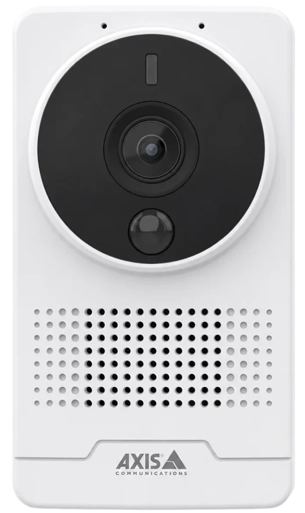 Front view of a white AXIS M10 box camera with central lens, motion sensor, and speaker grille below