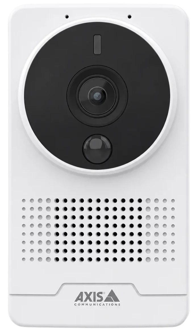Front view of a white AXIS M10 box camera with central lens, motion sensor, and speaker grille below