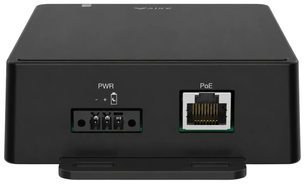 Front view of the AXIS W401 Body Worn Activation Kit with dual IO ports and status indicator light.