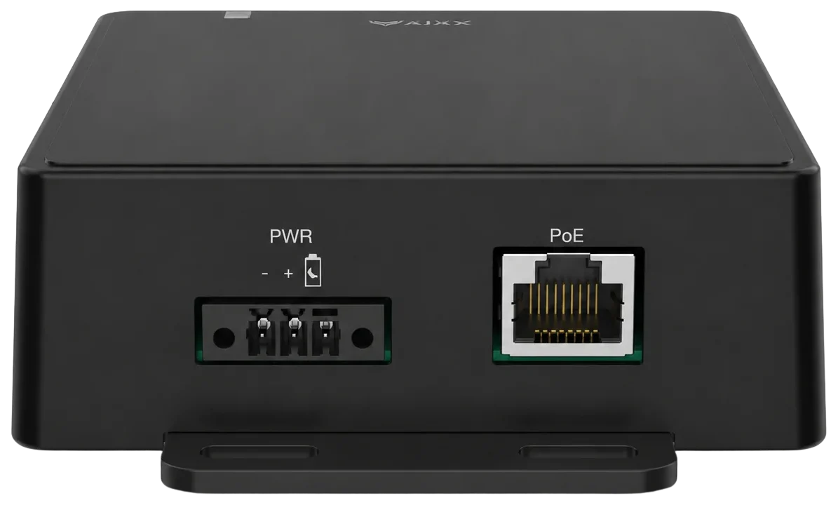 Front view of the AXIS W401 Body Worn Activation Kit with dual IO ports and status indicator light.