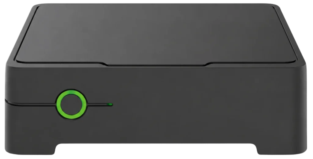 Front view of the AXIS W800 System Controller with black casing and green illuminated power buttons.