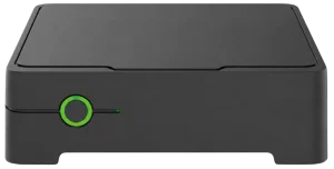 Front view of the AXIS W800 System Controller with black casing and green illuminated power buttons.