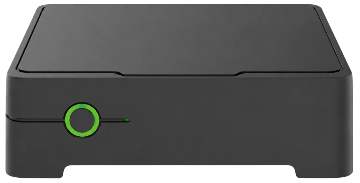 Front view of the AXIS W800 System Controller with black casing and green illuminated power buttons.