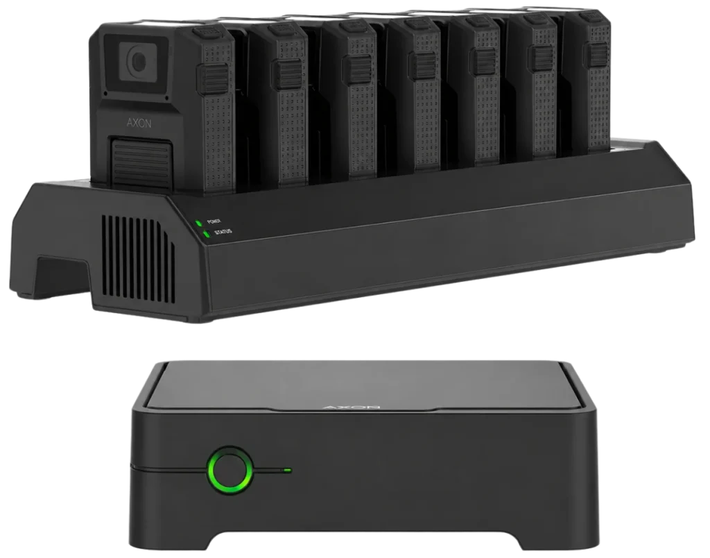 Genetec body-worn camera docking station with multiple cameras and secured evidence storage systems.