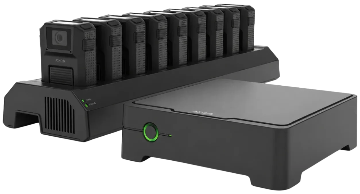 Genetec body-worn camera docking station with multiple cameras