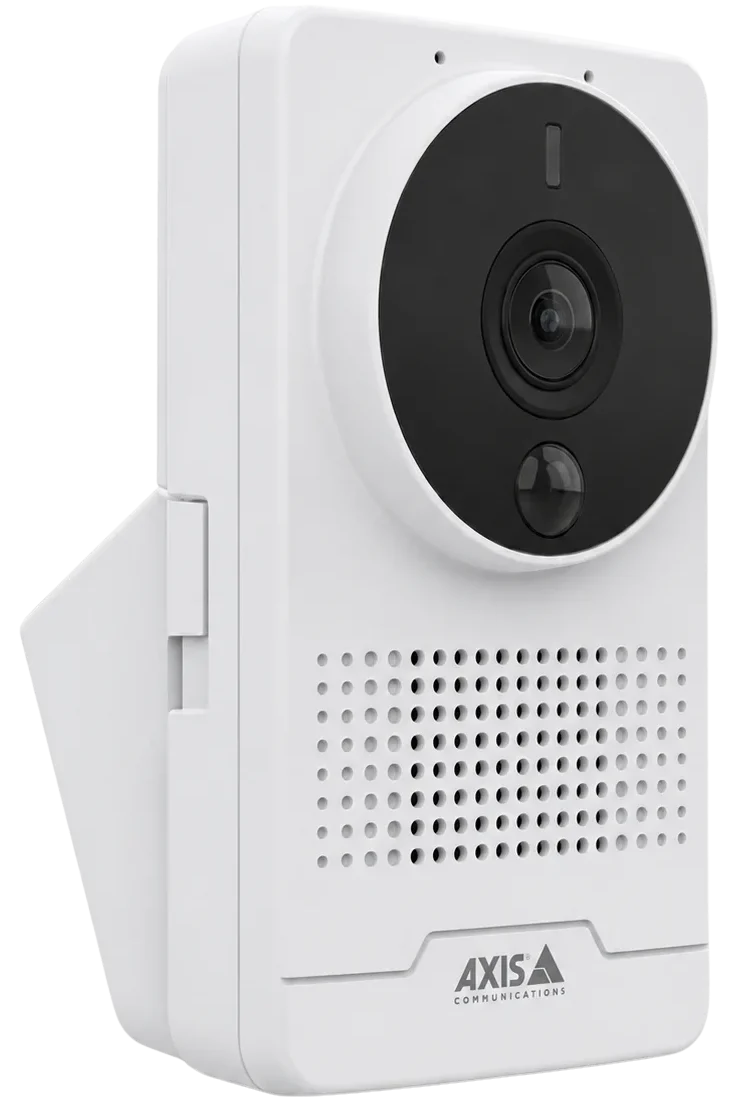 White AXIS M10 box camera featuring a wide-angle lens, motion sensor, speaker grille, and wall mount