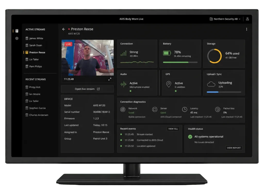 axis body worn live device dashboard showing battery, storage, gps and connection status