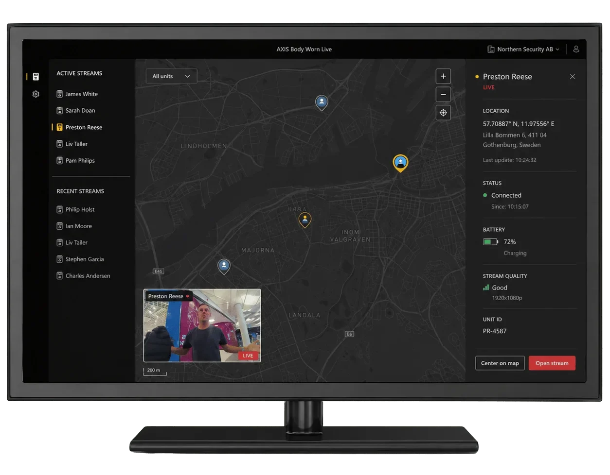 axis body worn live map showing active camera locations and stream status