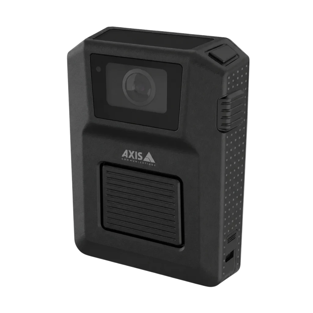 axis w102 body worn camera in black side angled view