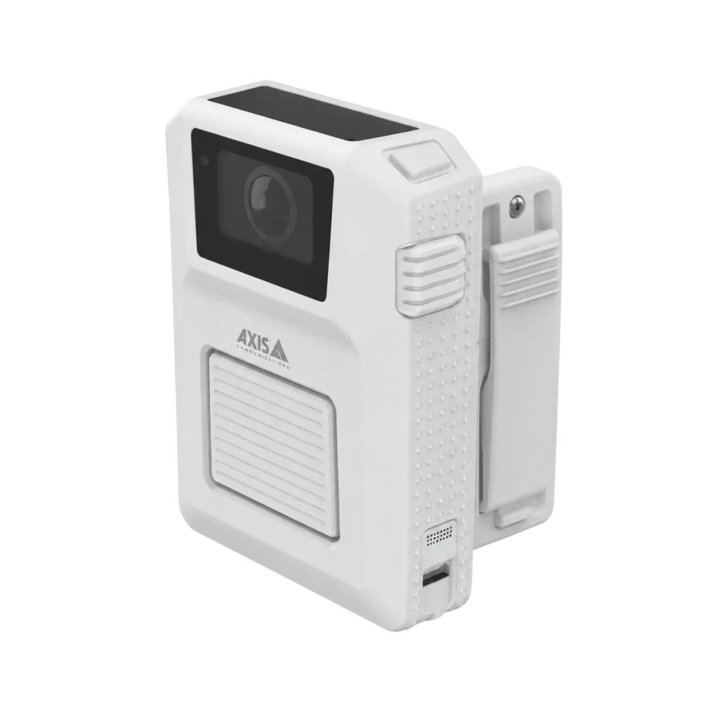axis w102 body worn camera in white with rear clip
