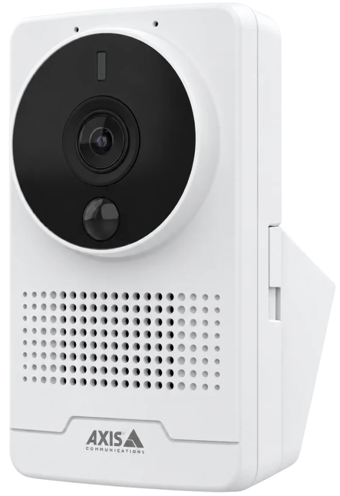 right view of a white AXIS M10 box camera with central lens, motion sensor, and speaker grille below