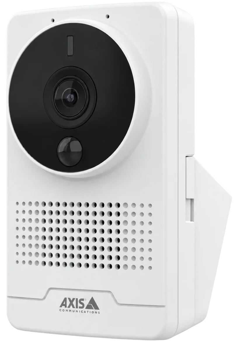 right view of a white AXIS M10 box camera with central lens, motion sensor, and speaker grille below