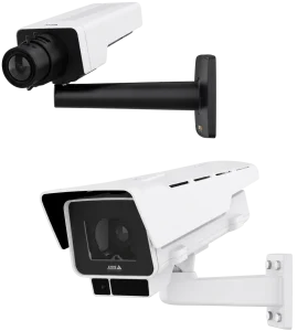 AXIS P13 box cameras with indoor and outdoor housings on wall mounts