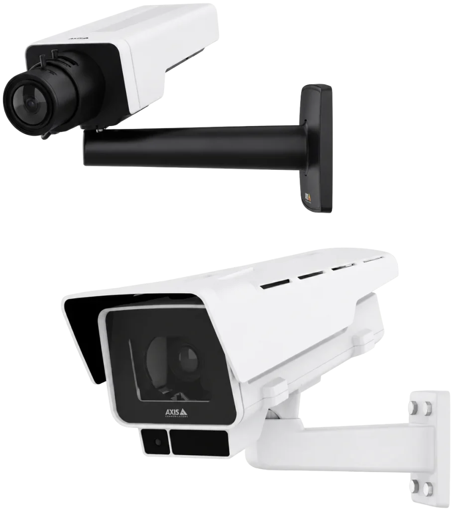 AXIS P13 box cameras with indoor and outdoor housings on wall mounts