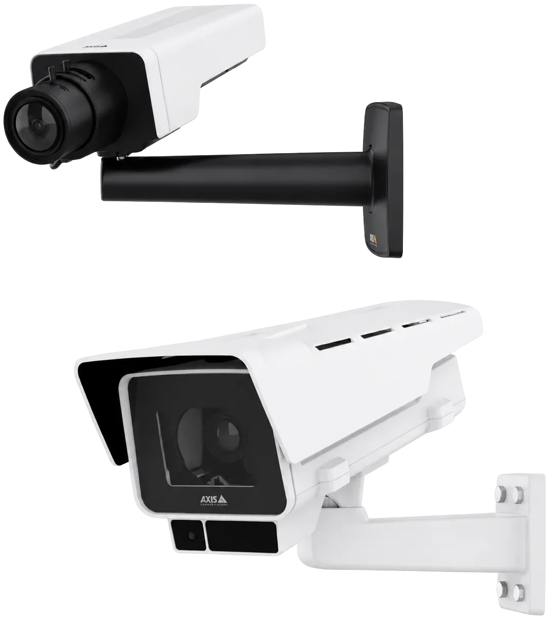 AXIS P13 box cameras with indoor and outdoor housings on wall mounts