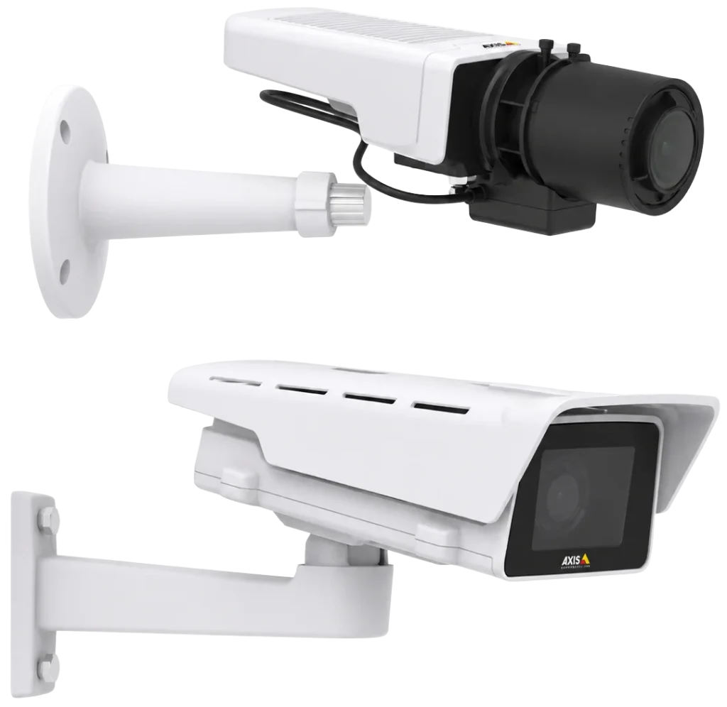Front and side views of AXIS M11 box cameras with outdoor housings and wall mounts