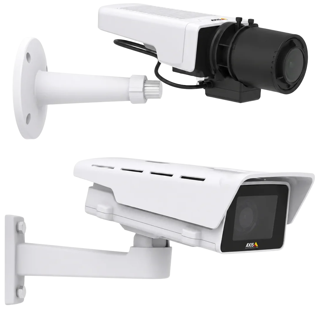 Front and side views of AXIS M11 box cameras with outdoor housings and wall mounts