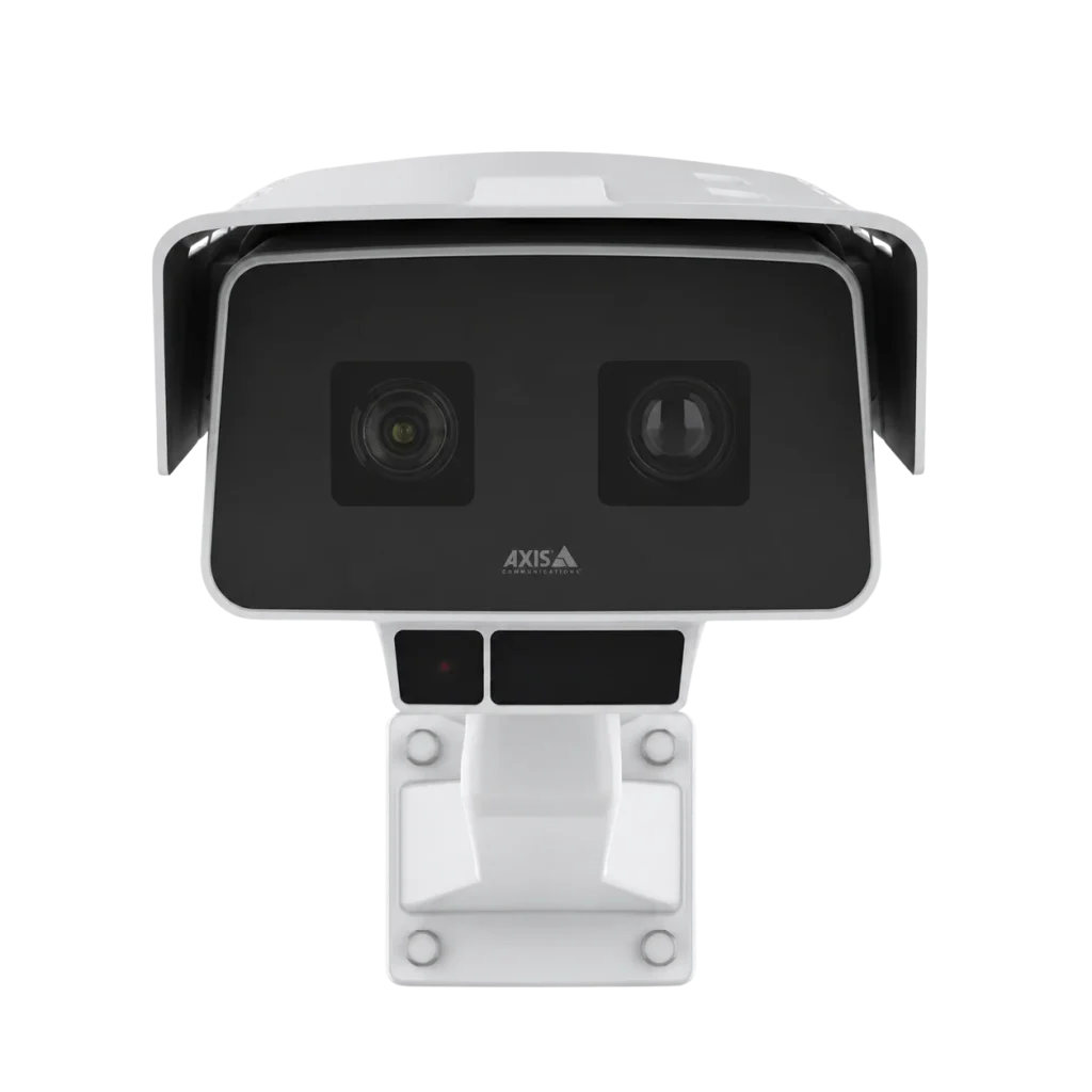 Front view of AXIS P15 box camera with dual lenses and protective sunshield