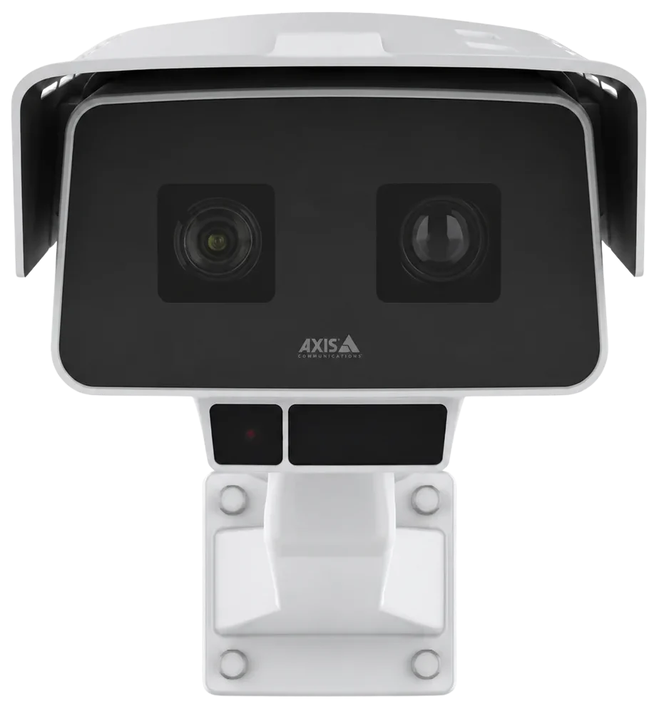 Front view of AXIS P15 box camera with dual lenses and protective sunshield
