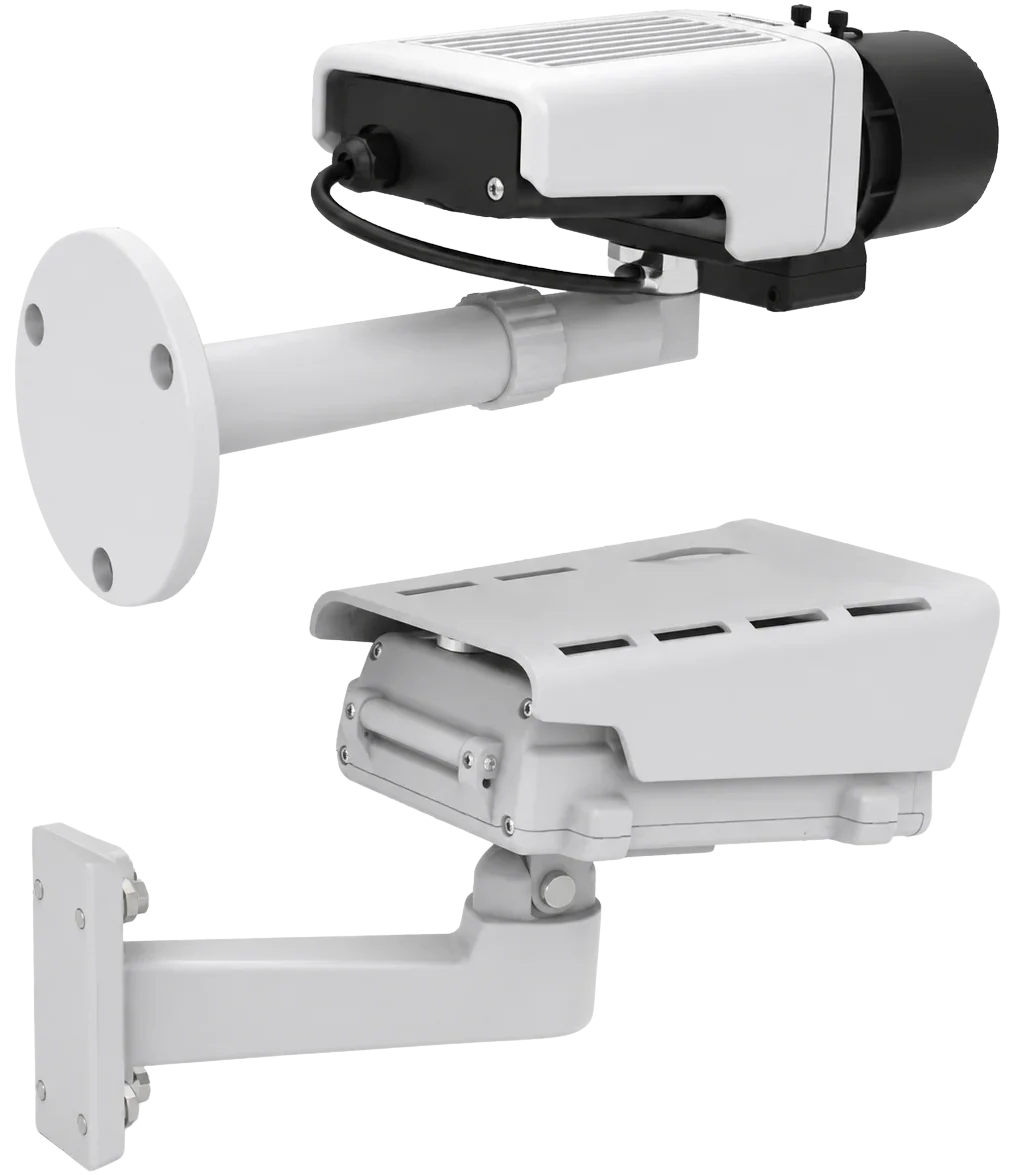 Rear views of AXIS M11 box cameras showing wall mounts, cabling, and protective housings