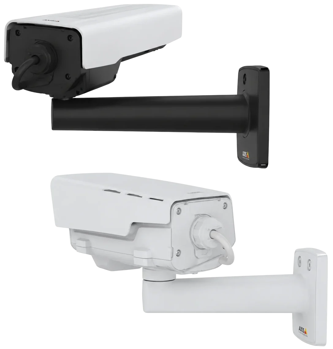 Rear views of AXIS P13 box cameras with black and white wall mounts