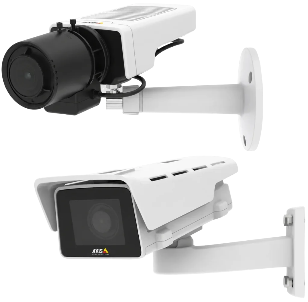 Two AXIS M11 box cameras with wall mounts and outdoor protective housings