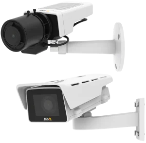 Two AXIS M11 box cameras with wall mounts and outdoor protective housings