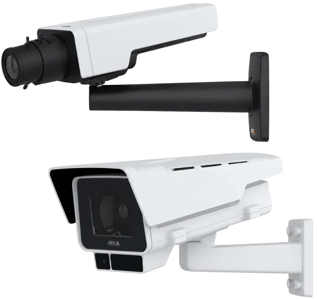 Rear views of AXIS P13 box cameras with black and white wall mounts