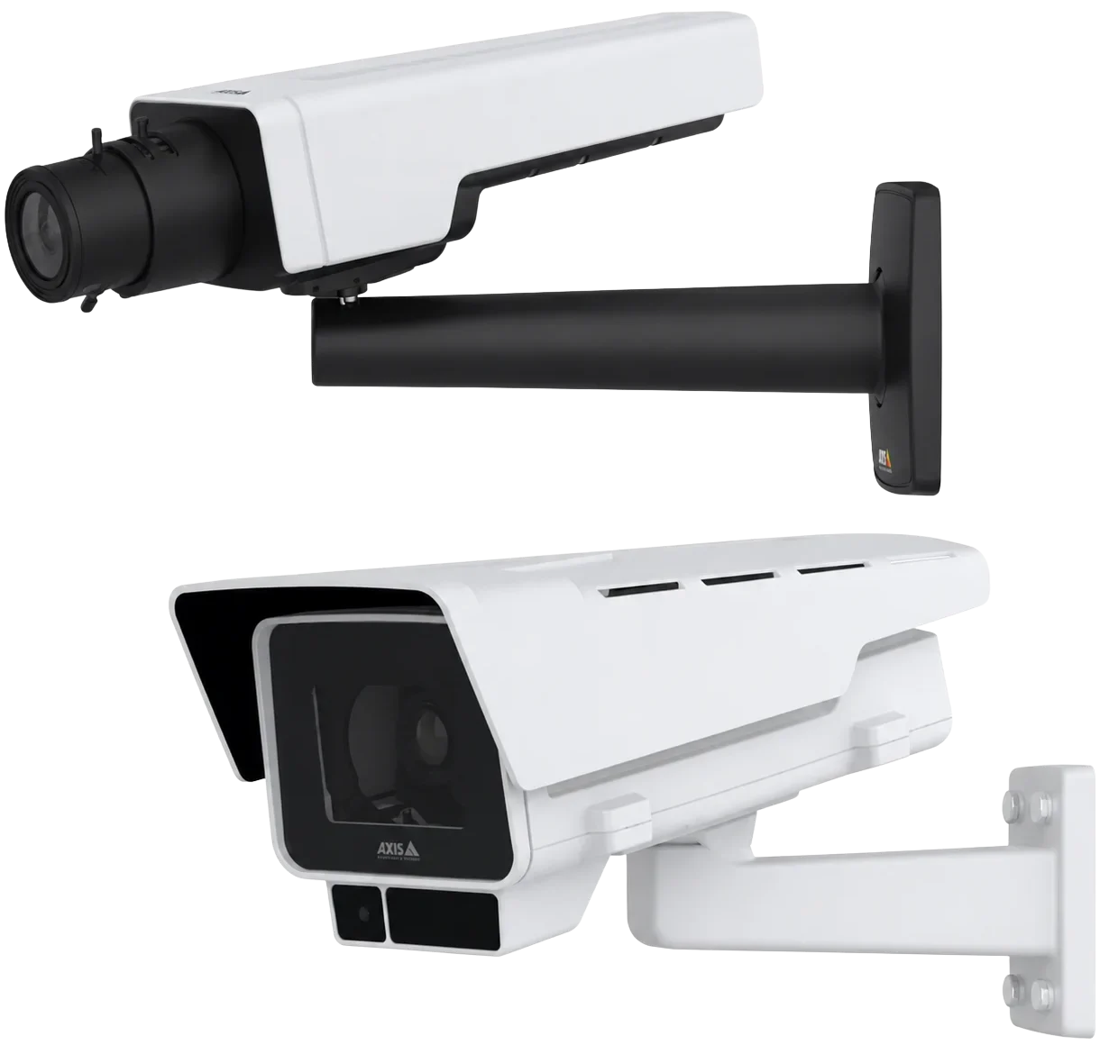 Rear views of AXIS P13 box cameras with black and white wall mounts