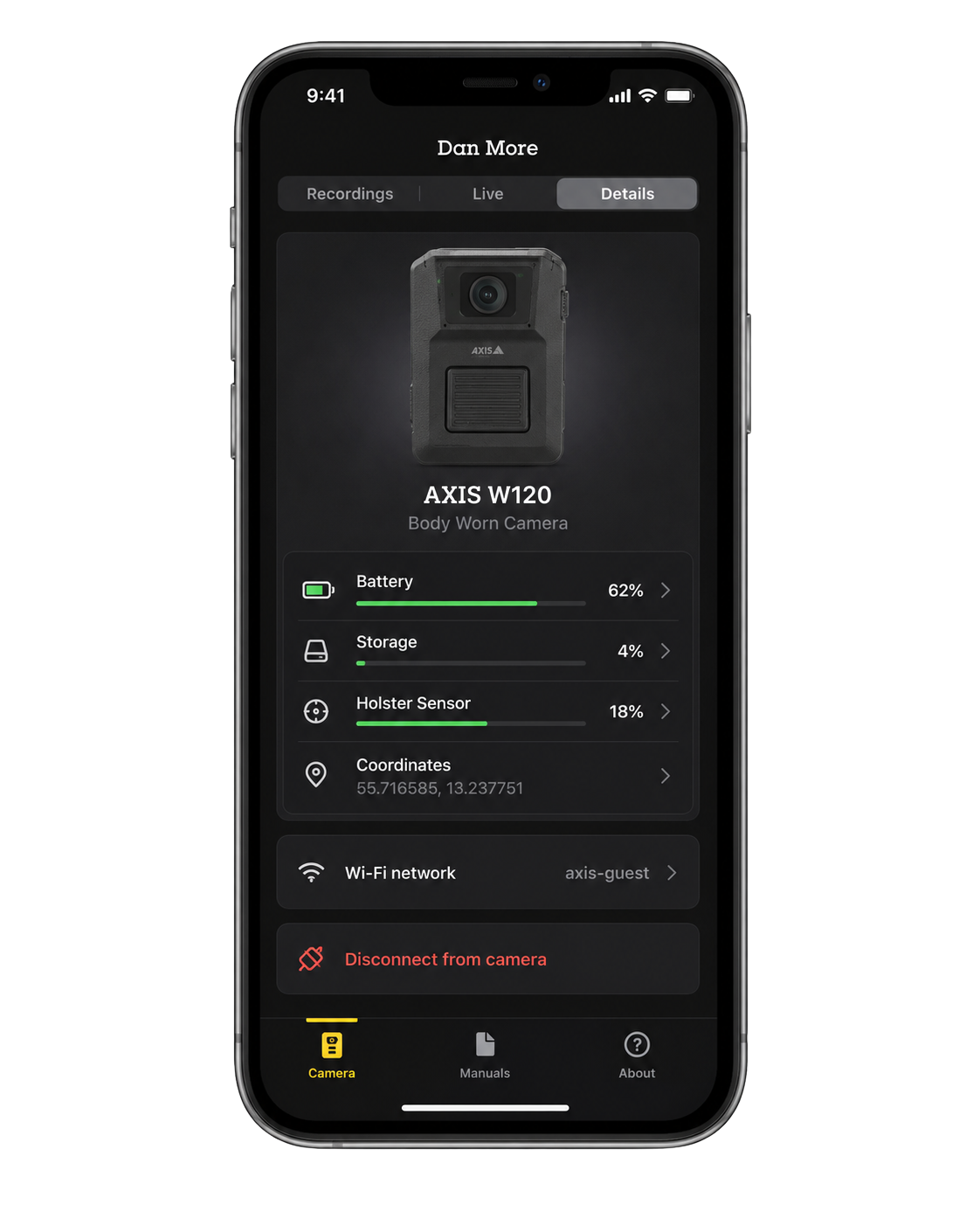 axis body worn assistant mobile app displaying camera battery, storage and connection details
