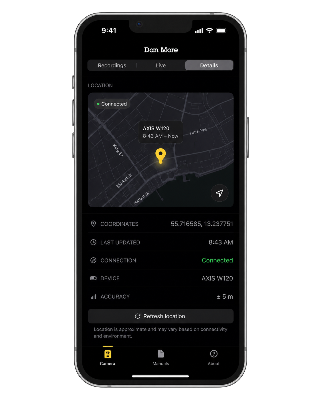 axis body worn assistant mobile app displaying camera location, coordinates and connection status