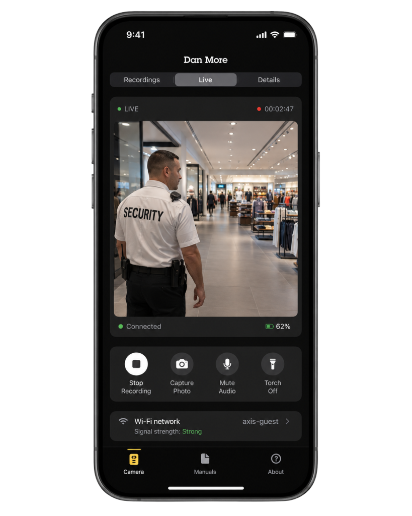 axis body worn assistant mobile app showing live camera view and recording controls
