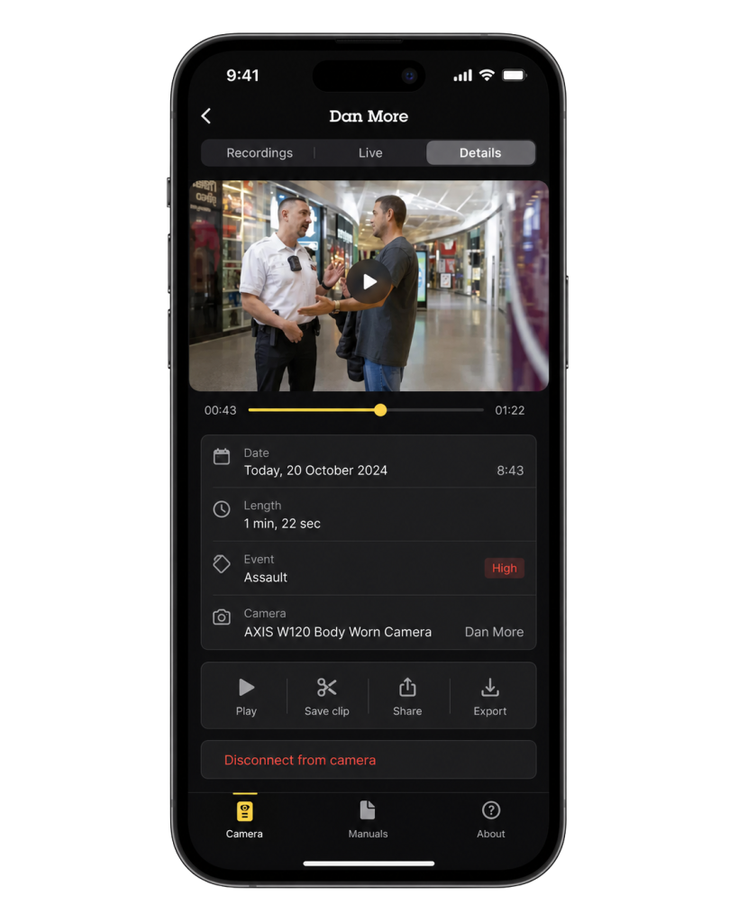 axis body worn assistant mobile app showing recording playback, event details and export options